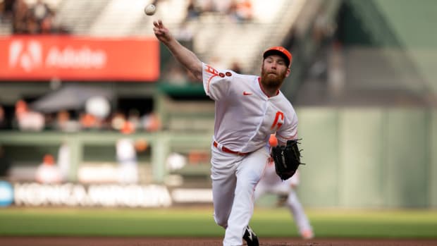 SF Giants starting pitcher John Brebbia pitches against the Pittsburgh Pirates on May 30, 2023.